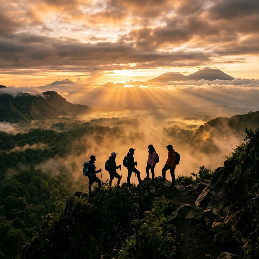 Pendaki di puncak gunung saat matahari terbit